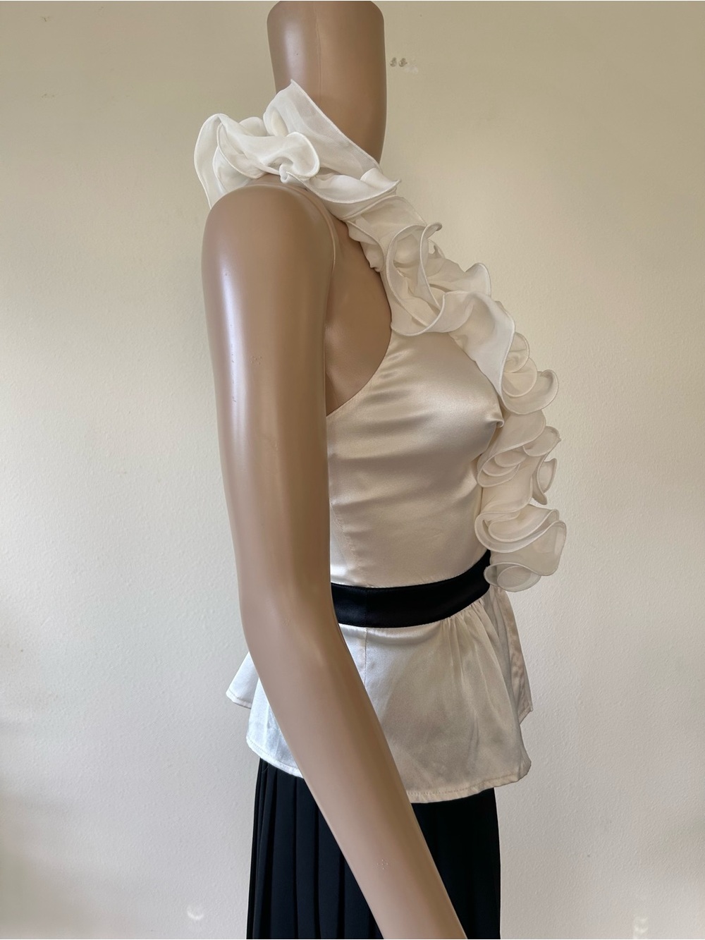 bebe White Satin Ruffle Halter Camisole with Black Waist Band - Picture 4 of 7